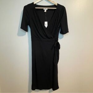 LOFT Black Wrap Midi Dress with V-Neck